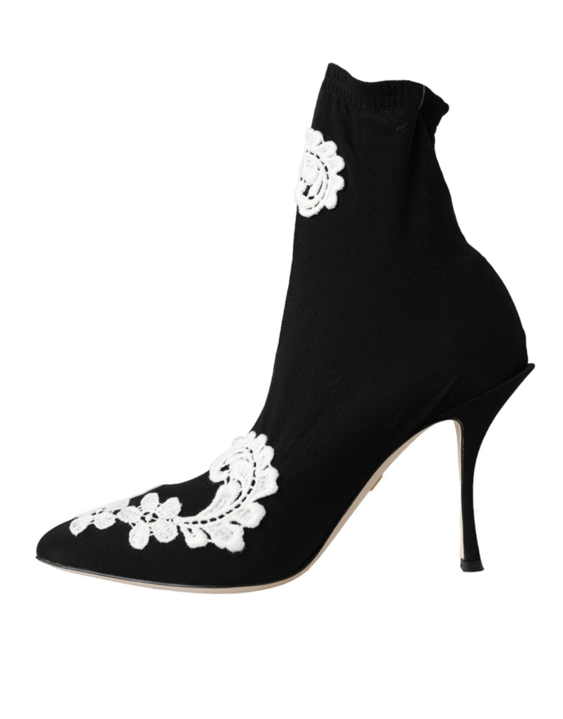 Dolce & Gabbana Black White Embroidery Slip On Boots Shoes - Beyzy Store - Dolce & Gabbana
