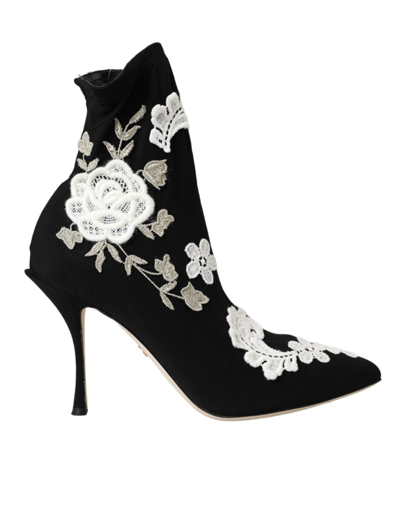 Dolce & Gabbana Black White Embroidery Slip On Boots Shoes - Beyzy Store - Dolce & Gabbana
