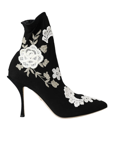 Dolce & Gabbana Black White Embroidery Slip On Boots Shoes - Beyzy Store - Dolce & Gabbana