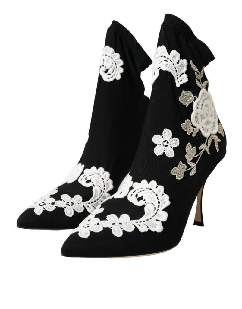 Dolce & Gabbana Black White Embroidery Slip On Boots Shoes - Beyzy Store - Dolce & Gabbana