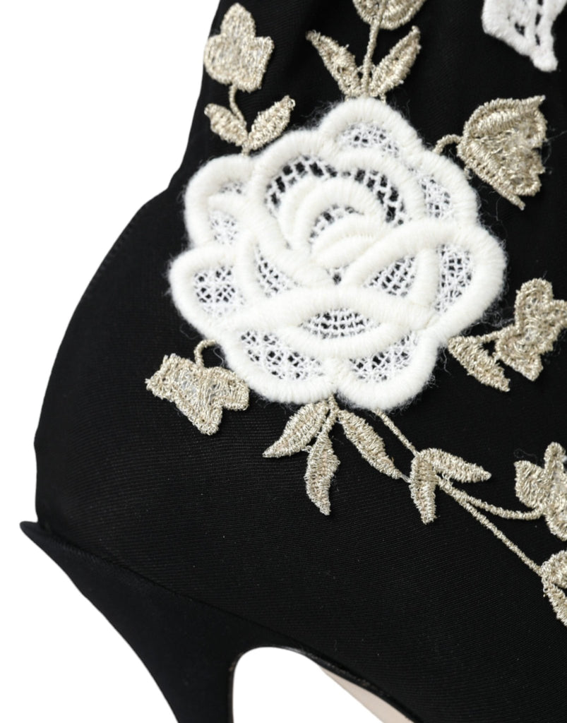 Dolce & Gabbana Black White Embroidery Slip On Boots Shoes - Beyzy Store - Dolce & Gabbana