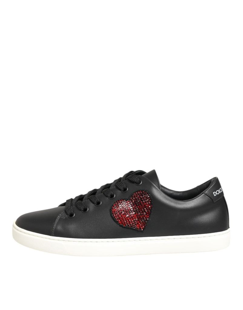 Dolce & Gabbana Black White Leather Crystal Heart Sneakers Shoes - Beyzy Store - Dolce & Gabbana