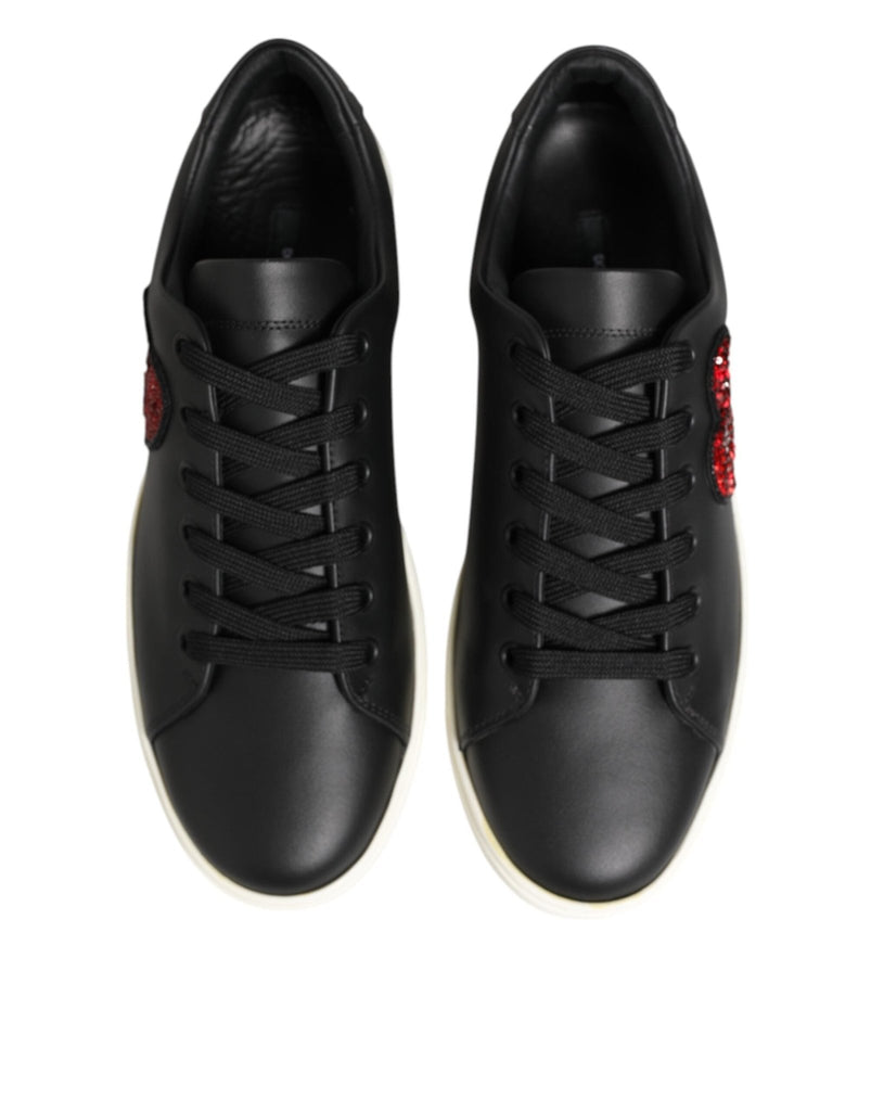 Dolce & Gabbana Black White Leather Crystal Heart Sneakers Shoes - Beyzy Store - Dolce & Gabbana
