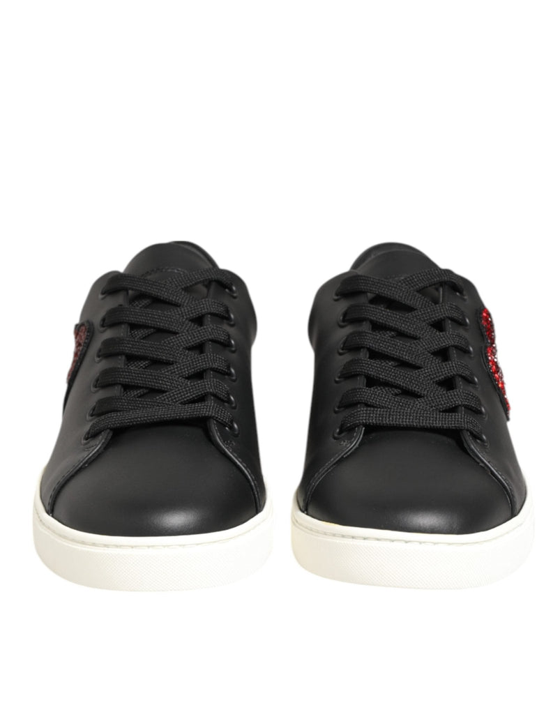 Dolce & Gabbana Black White Leather Crystal Heart Sneakers Shoes - Beyzy Store - Dolce & Gabbana