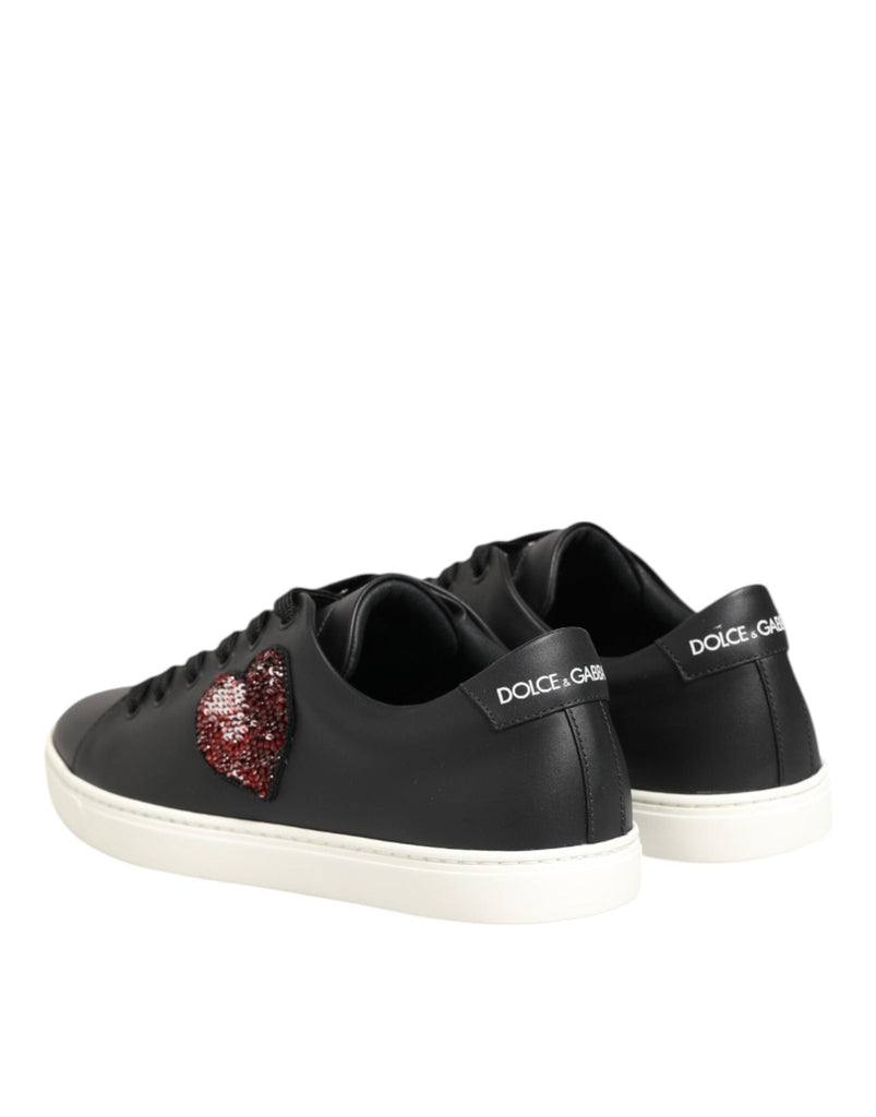 Dolce & Gabbana Black White Leather Crystal Heart Sneakers Shoes - Beyzy Store - Dolce & Gabbana
