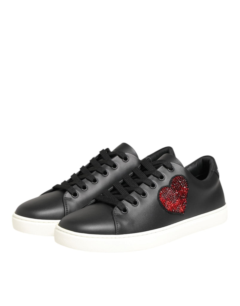 Dolce & Gabbana Black White Leather Crystal Heart Sneakers Shoes - Beyzy Store - Dolce & Gabbana