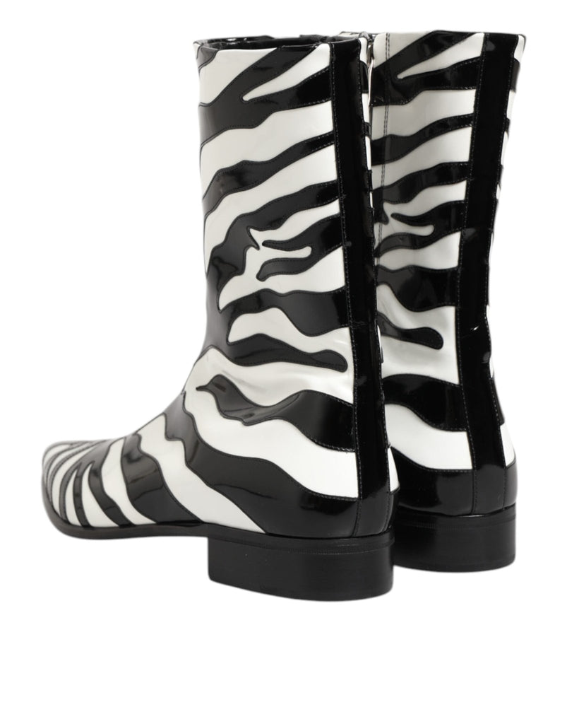 Dolce & Gabbana Black White Zebra Leather Mid Calf Boots Shoes - Beyzy Store - Dolce & Gabbana
