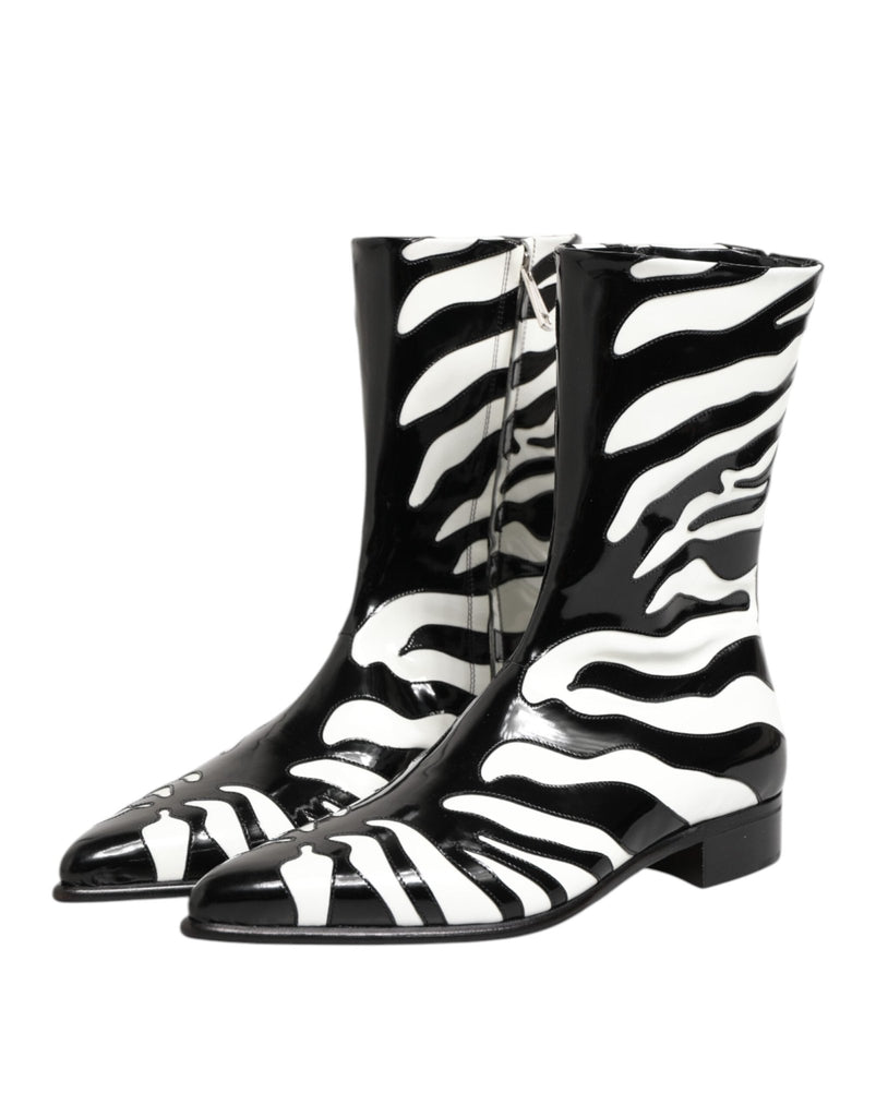 Dolce & Gabbana Black White Zebra Leather Mid Calf Boots Shoes - Beyzy Store - Dolce & Gabbana