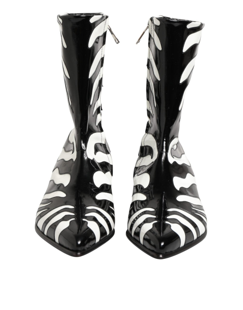 Dolce & Gabbana Black White Zebra Leather Mid Calf Boots Shoes - Beyzy Store - Dolce & Gabbana