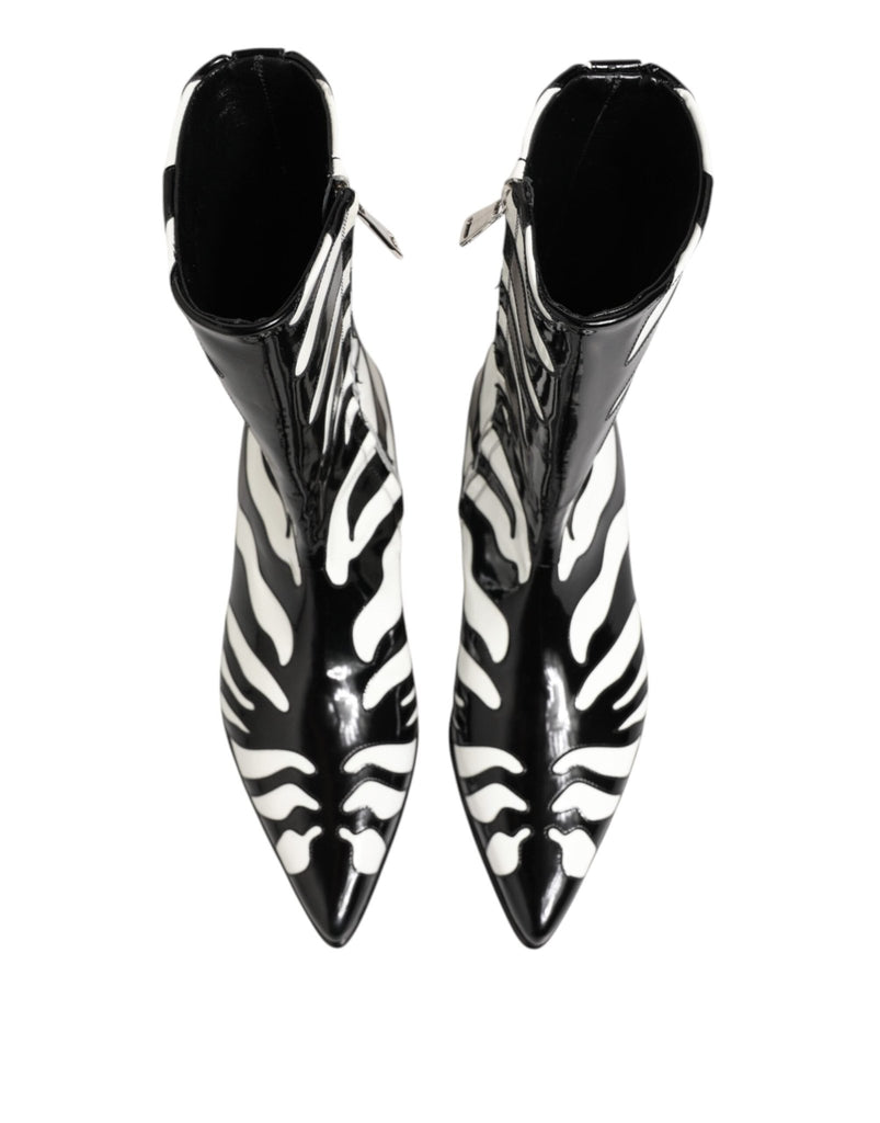 Dolce & Gabbana Black White Zebra Leather Mid Calf Boots Shoes - Beyzy Store - Dolce & Gabbana