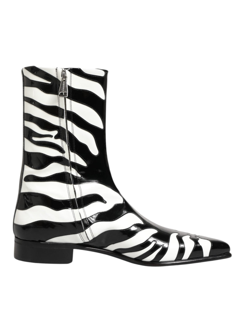 Dolce & Gabbana Black White Zebra Leather Mid Calf Boots Shoes - Beyzy Store - Dolce & Gabbana