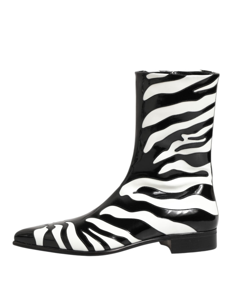 Dolce & Gabbana Black White Zebra Leather Mid Calf Boots Shoes - Beyzy Store - Dolce & Gabbana