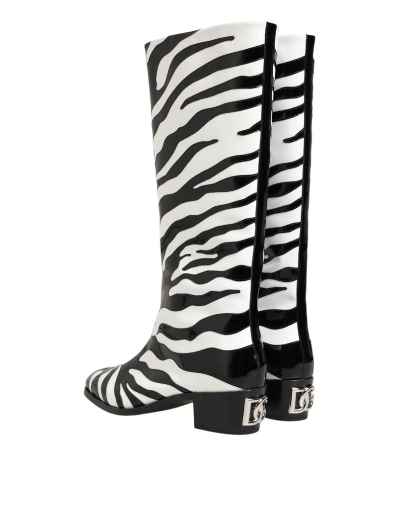 Dolce & Gabbana Black White Zebra Over The Calf Boots Shoes - Beyzy Store - Dolce & Gabbana