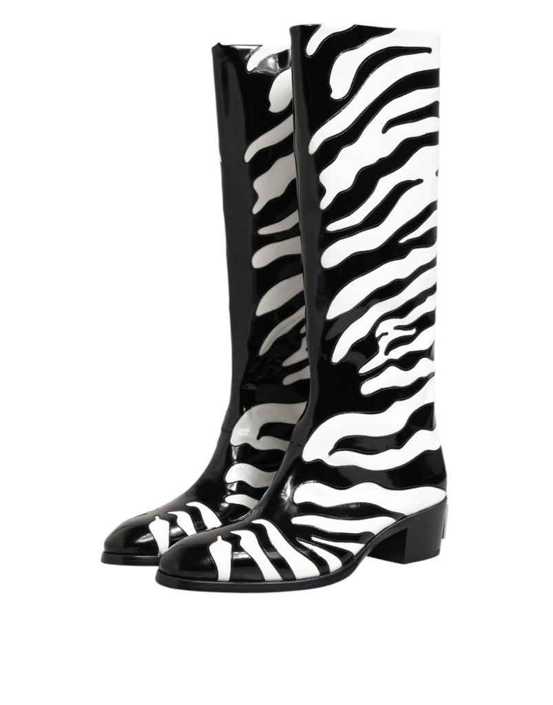 Dolce & Gabbana Black White Zebra Over The Calf Boots Shoes - Beyzy Store - Dolce & Gabbana