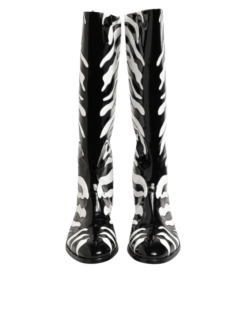 Dolce & Gabbana Black White Zebra Over The Calf Boots Shoes - Beyzy Store - Dolce & Gabbana