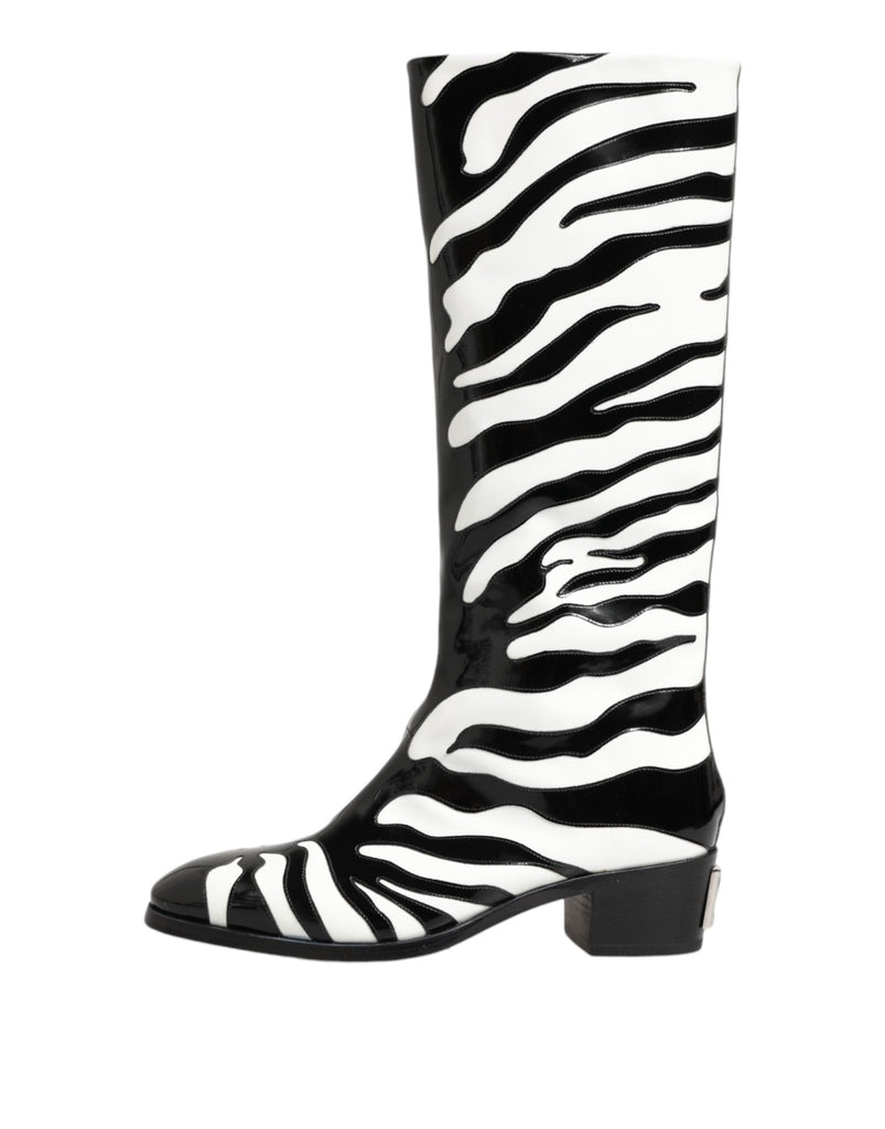 Dolce & Gabbana Black White Zebra Over The Calf Boots Shoes - Beyzy Store - Dolce & Gabbana
