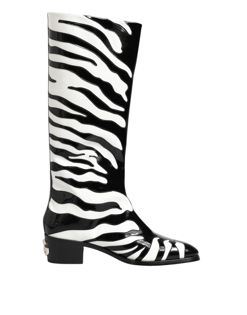 Dolce & Gabbana Black White Zebra Over The Calf Boots Shoes - Beyzy Store - Dolce & Gabbana