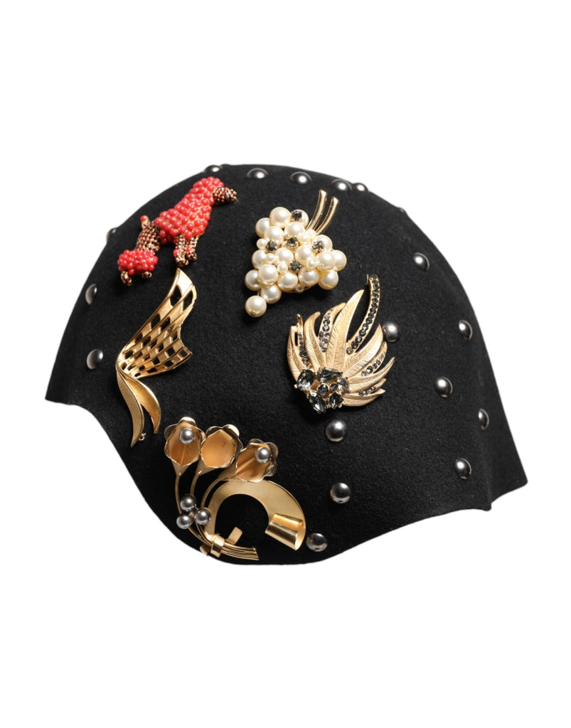 Dolce & Gabbana Black Wool Multicolor Embellished Cloche Hat - Beyzy Store - Dolce & Gabbana