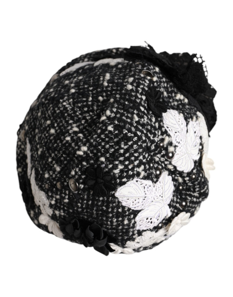 Dolce & Gabbana Black Wool White Floral Embellished Cloche Hat - Beyzy Store - Dolce & Gabbana