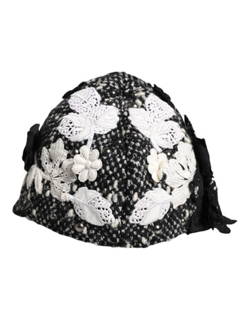 Dolce & Gabbana Black Wool White Floral Embellished Cloche Hat - Beyzy Store - Dolce & Gabbana