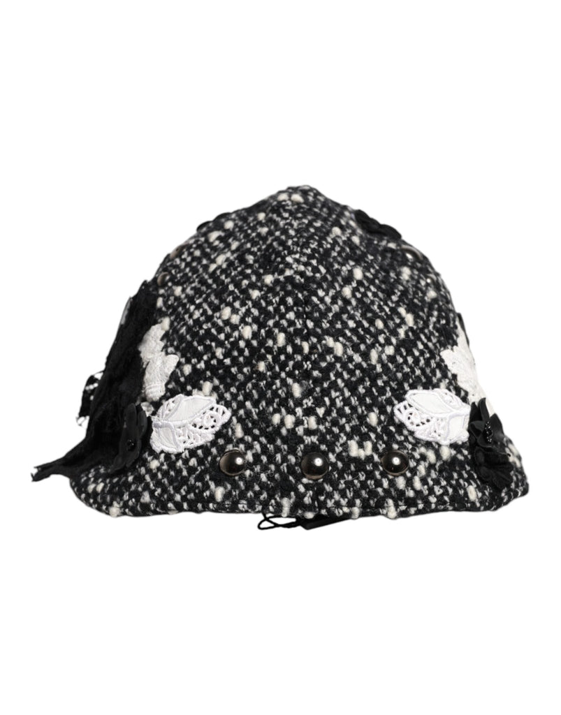 Dolce & Gabbana Black Wool White Floral Embellished Cloche Hat - Beyzy Store - Dolce & Gabbana
