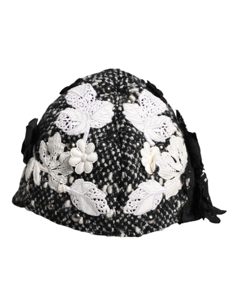 Dolce & Gabbana Black Wool White Floral Embellished Cloche Hat - Beyzy Store - Dolce & Gabbana