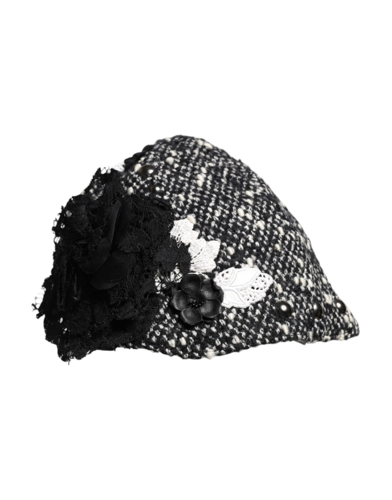 Dolce & Gabbana Black Wool White Floral Embellished Cloche Hat - Beyzy Store - Dolce & Gabbana