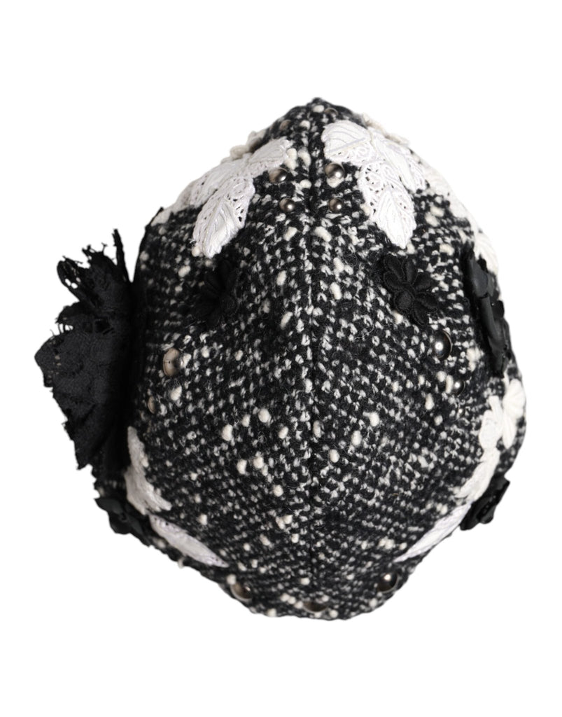 Dolce & Gabbana Black Wool White Floral Embellished Cloche Hat - Beyzy Store - Dolce & Gabbana