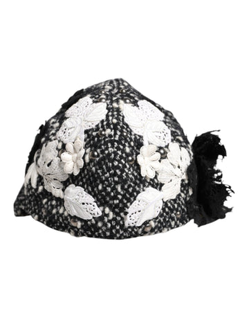 Dolce & Gabbana Black Wool White Floral Embellished Cloche Hat - Beyzy Store - Dolce & Gabbana