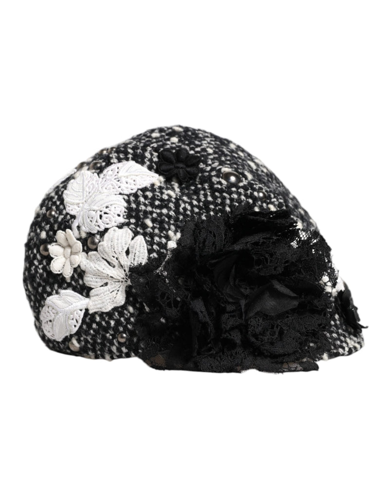 Dolce & Gabbana Black Wool White Floral Embellished Cloche Hat - Beyzy Store - Dolce & Gabbana