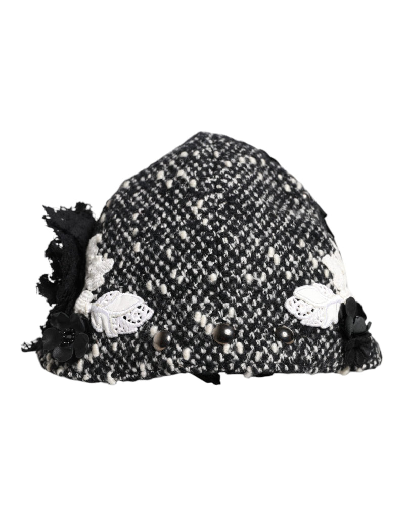 Dolce & Gabbana Black Wool White Floral Embellished Cloche Hat - Beyzy Store - Dolce & Gabbana