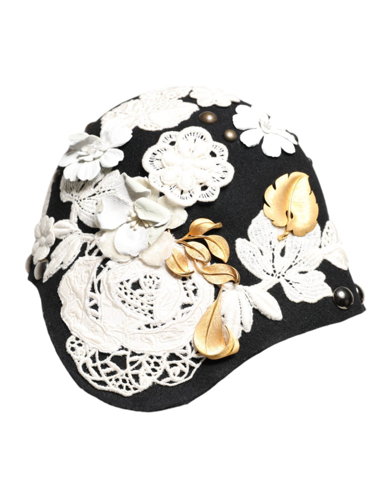 Dolce & Gabbana Black Wool White Floral Gold Leaf Cloche Hat - Beyzy Store - Dolce & Gabbana