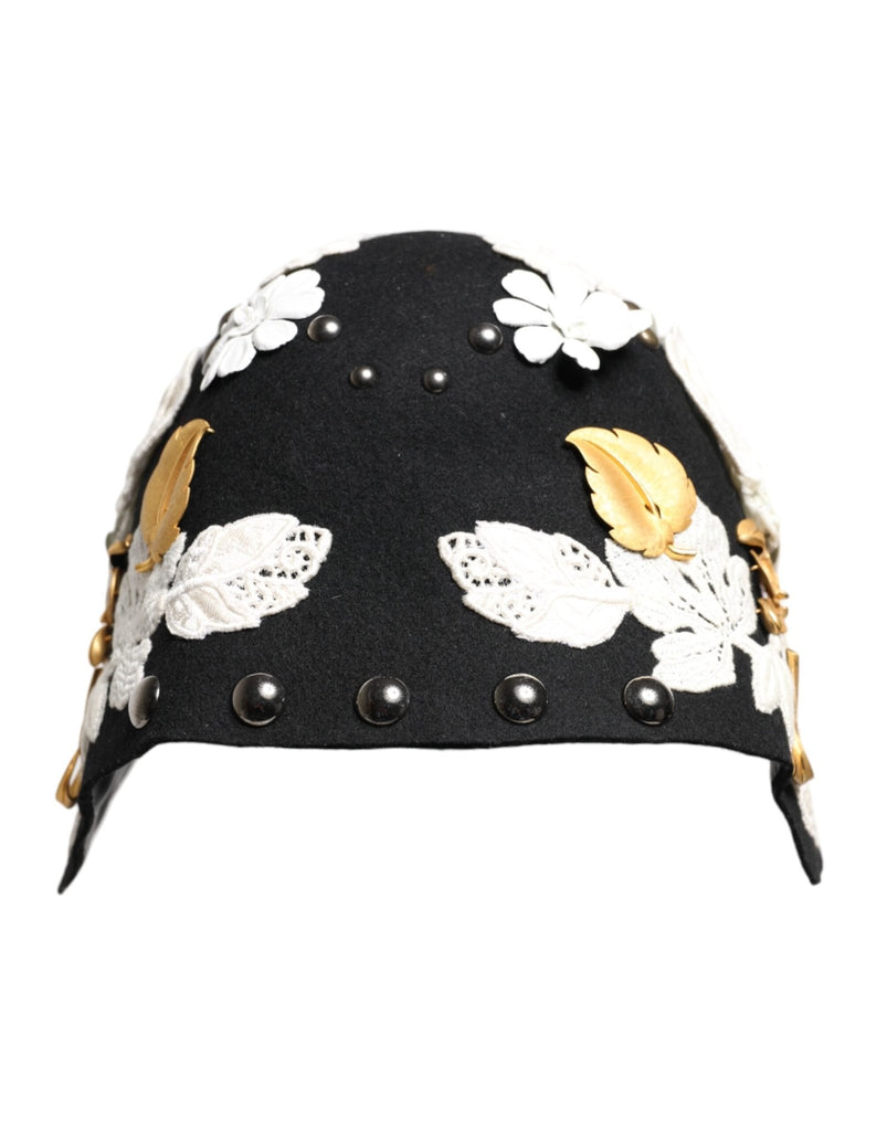 Dolce & Gabbana Black Wool White Floral Gold Leaf Cloche Hat - Beyzy Store - Dolce & Gabbana