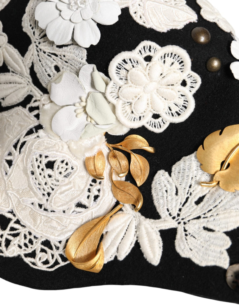 Dolce & Gabbana Black Wool White Floral Gold Leaf Cloche Hat - Beyzy Store - Dolce & Gabbana
