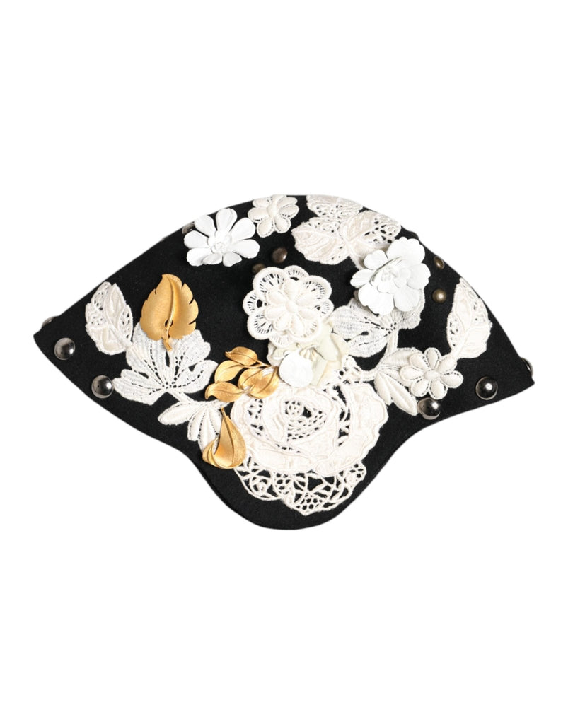 Dolce & Gabbana Black Wool White Floral Gold Leaf Cloche Hat - Beyzy Store - Dolce & Gabbana