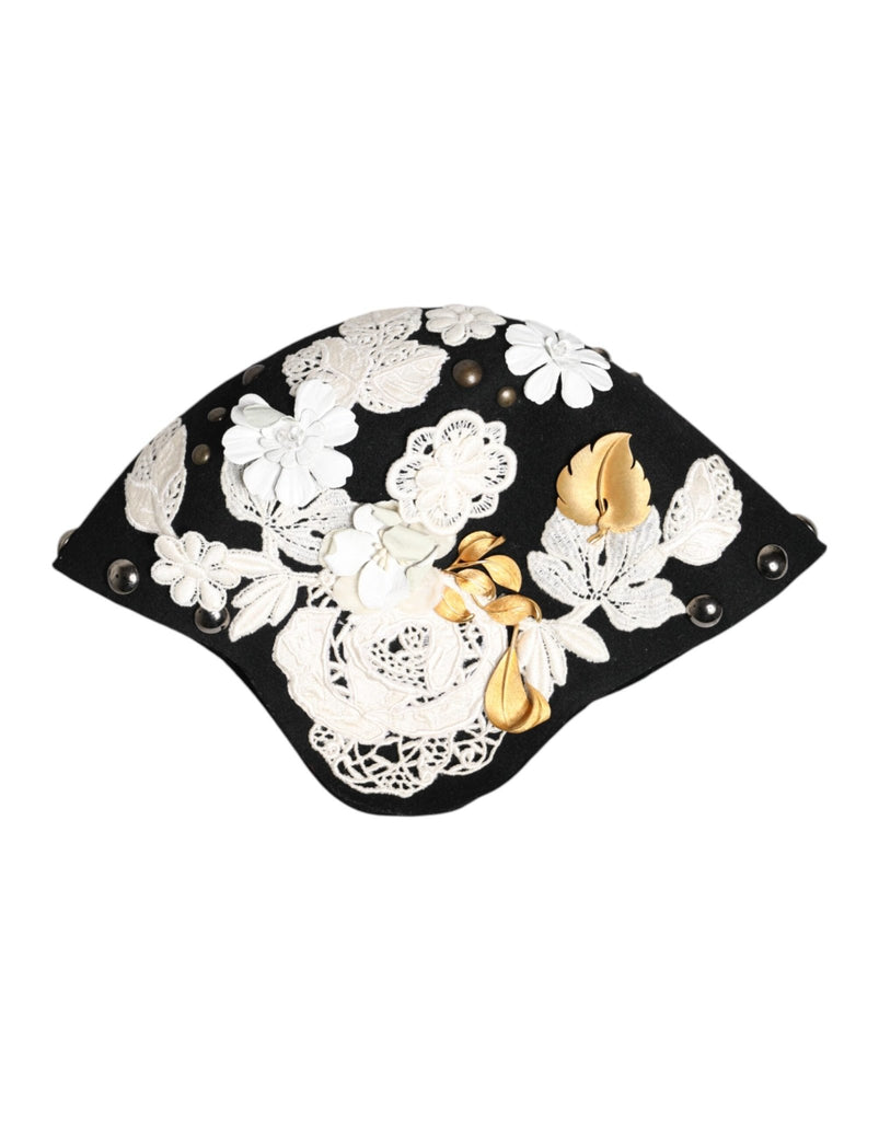Dolce & Gabbana Black Wool White Floral Gold Leaf Cloche Hat - Beyzy Store - Dolce & Gabbana