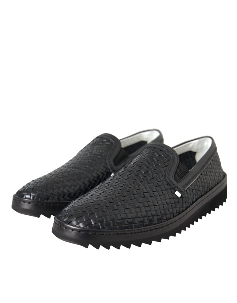 Dolce & Gabbana Black Woven Buffalo Leather Men Loafers Shoes - Beyzy Store - Dolce & Gabbana