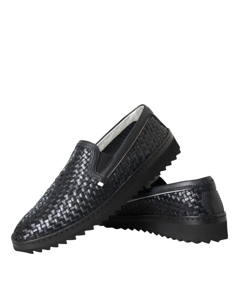 Dolce & Gabbana Black Woven Buffalo Leather Men Loafers Shoes - Beyzy Store - Dolce & Gabbana