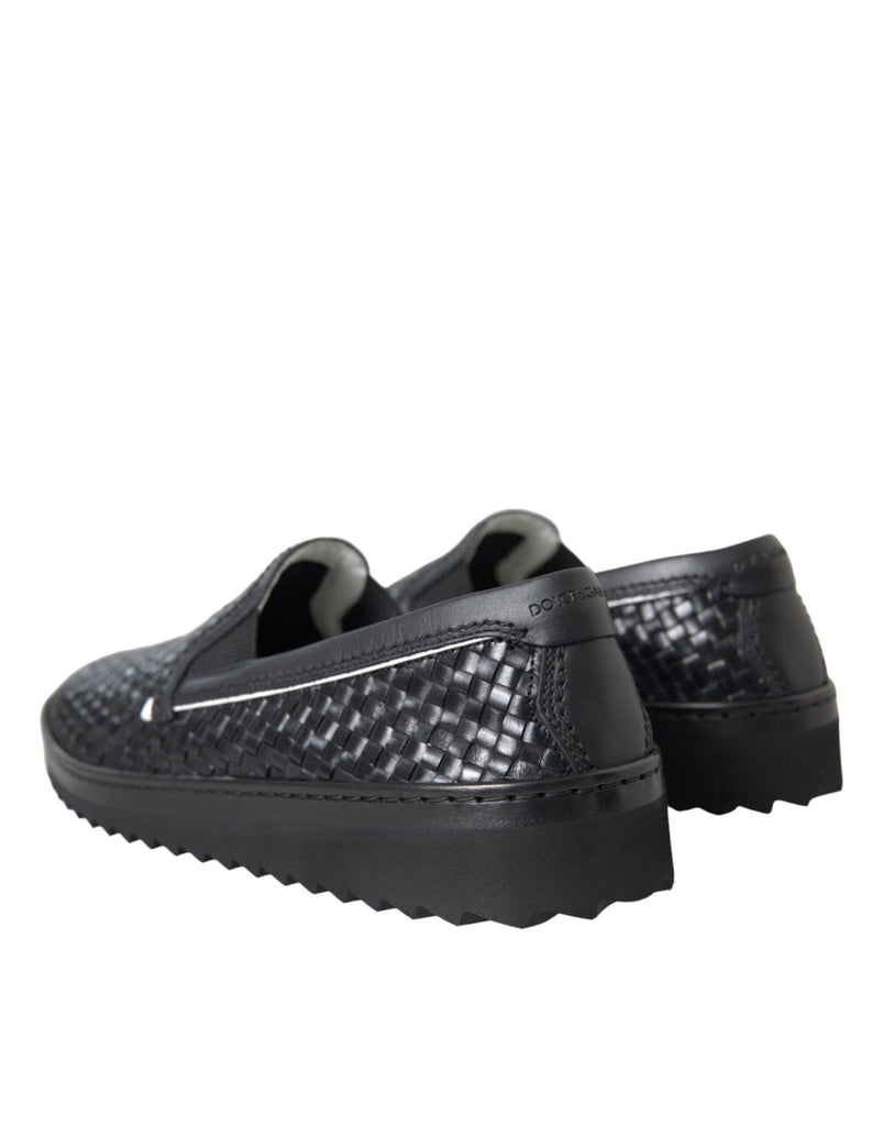 Dolce & Gabbana Black Woven Buffalo Leather Men Loafers Shoes - Beyzy Store - Dolce & Gabbana