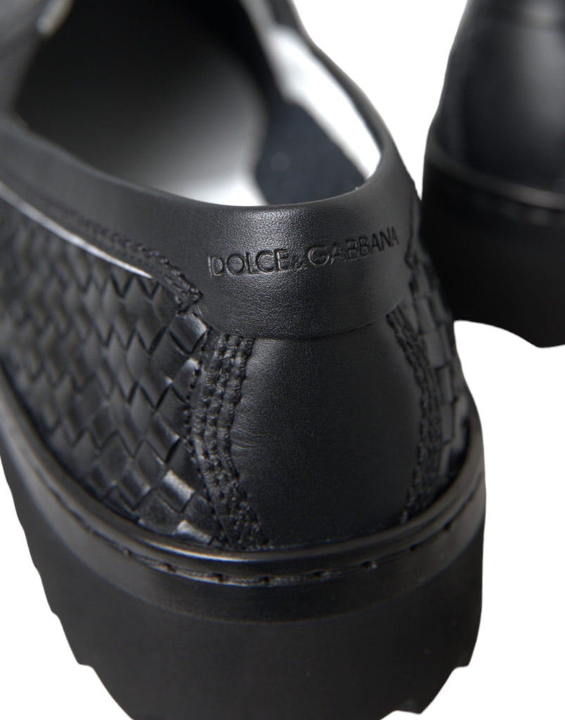 Dolce & Gabbana Black Woven Buffalo Leather Men Loafers Shoes - Beyzy Store - Dolce & Gabbana