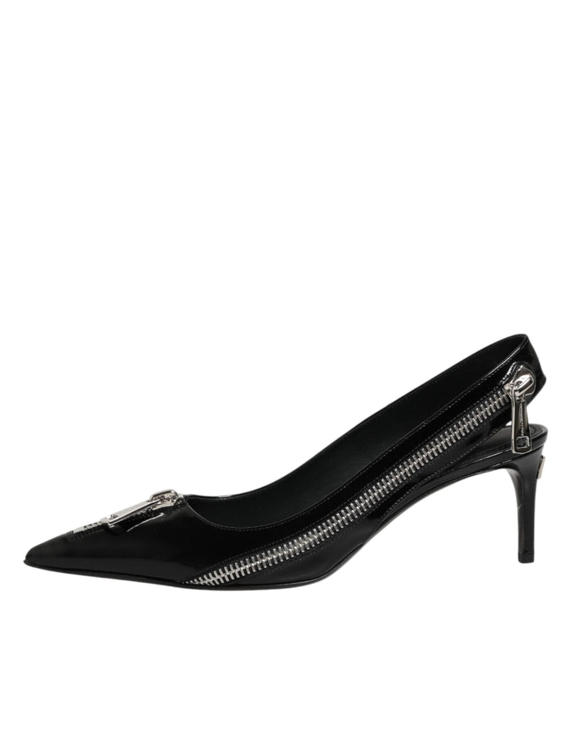 Dolce & Gabbana Black Zipper Leather Heels Slingbacks Shoes - Beyzy Store - Dolce & Gabbana