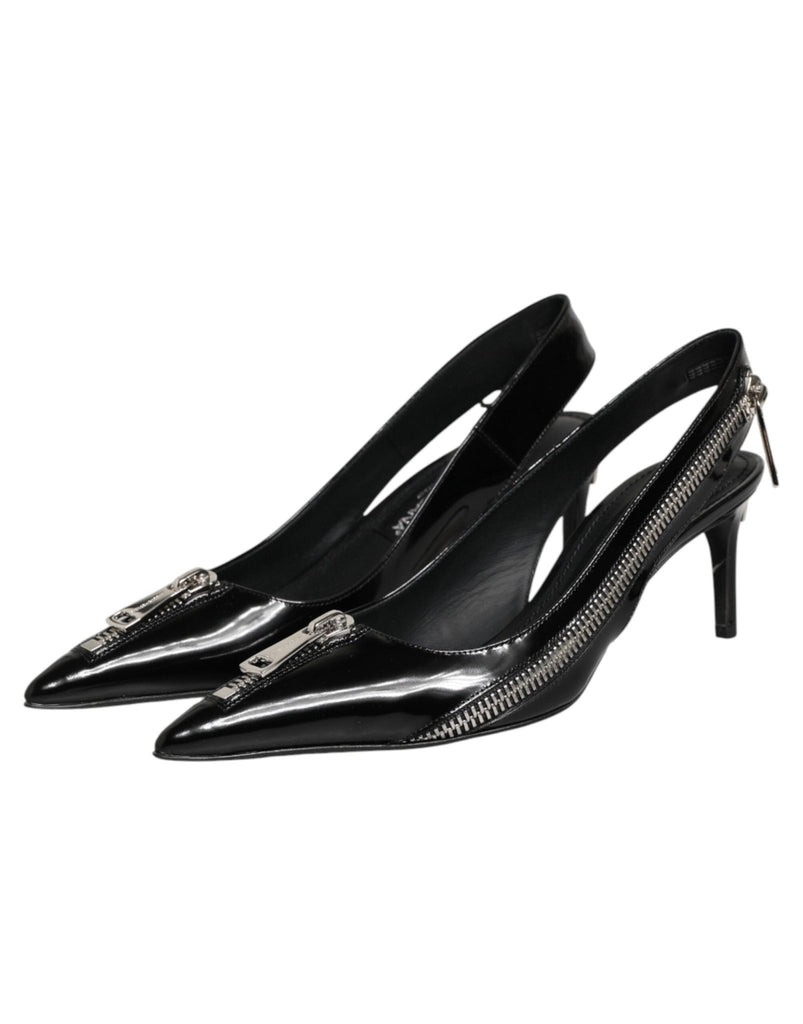 Dolce & Gabbana Black Zipper Leather Heels Slingbacks Shoes - Beyzy Store - Dolce & Gabbana