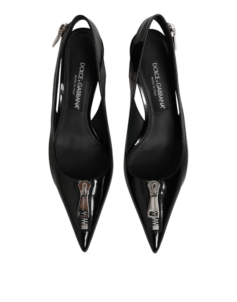 Dolce & Gabbana Black Zipper Leather Heels Slingbacks Shoes - Beyzy Store - Dolce & Gabbana