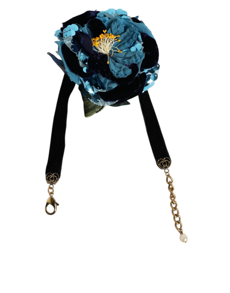 Dolce & Gabbana Blue Floral Appliqué Velvet Choker Crystal Beads Necklace - Beyzy Store - Dolce & Gabbana