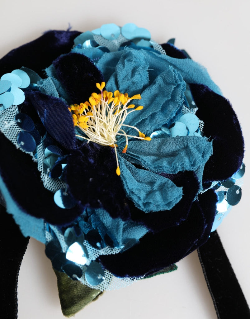 Dolce & Gabbana Blue Floral Appliqué Velvet Choker Crystal Beads Necklace - Beyzy Store - Dolce & Gabbana