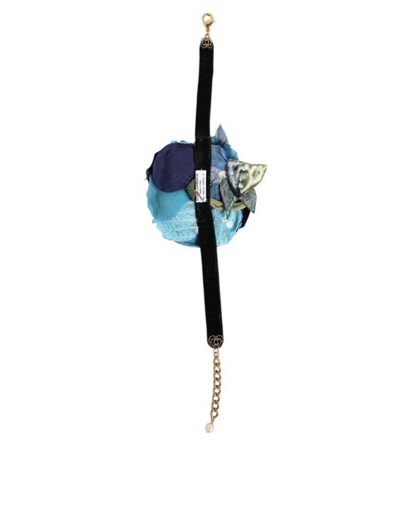 Dolce & Gabbana Blue Floral Appliqué Velvet Choker Crystal Beads Necklace - Beyzy Store - Dolce & Gabbana