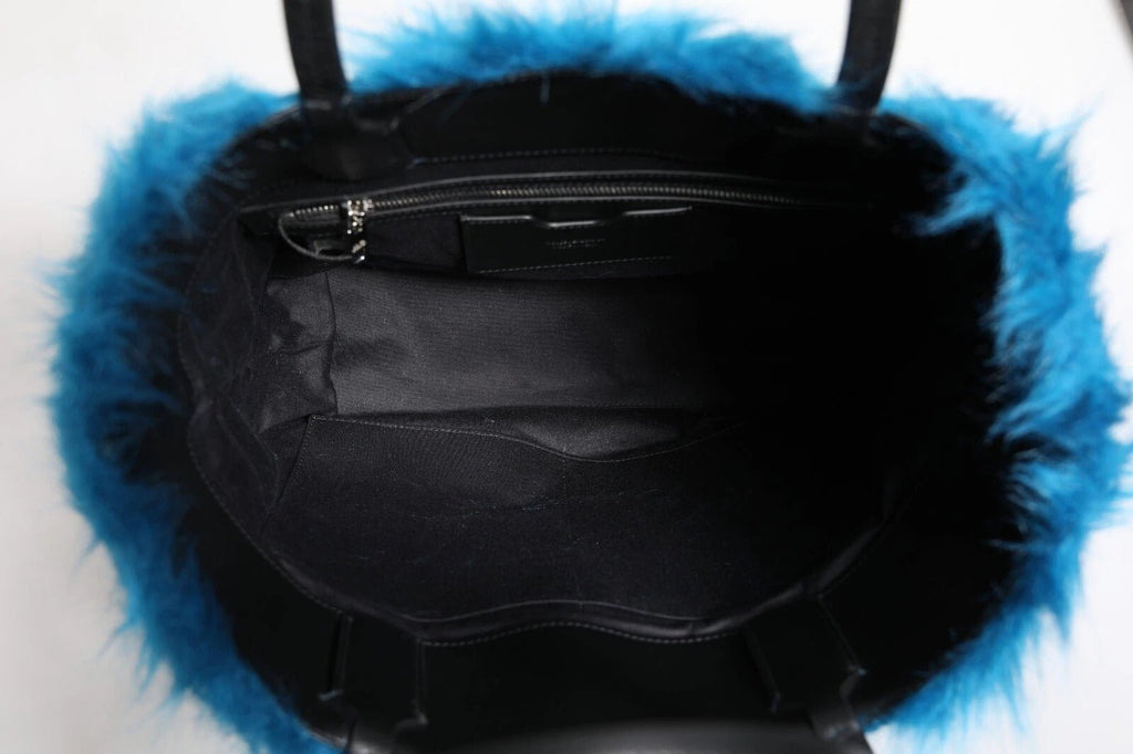 Dolce & Gabbana Blue Fur Logo Plaque Double Handle Shoulder Bag - Beyzy Store - Dolce & Gabbana