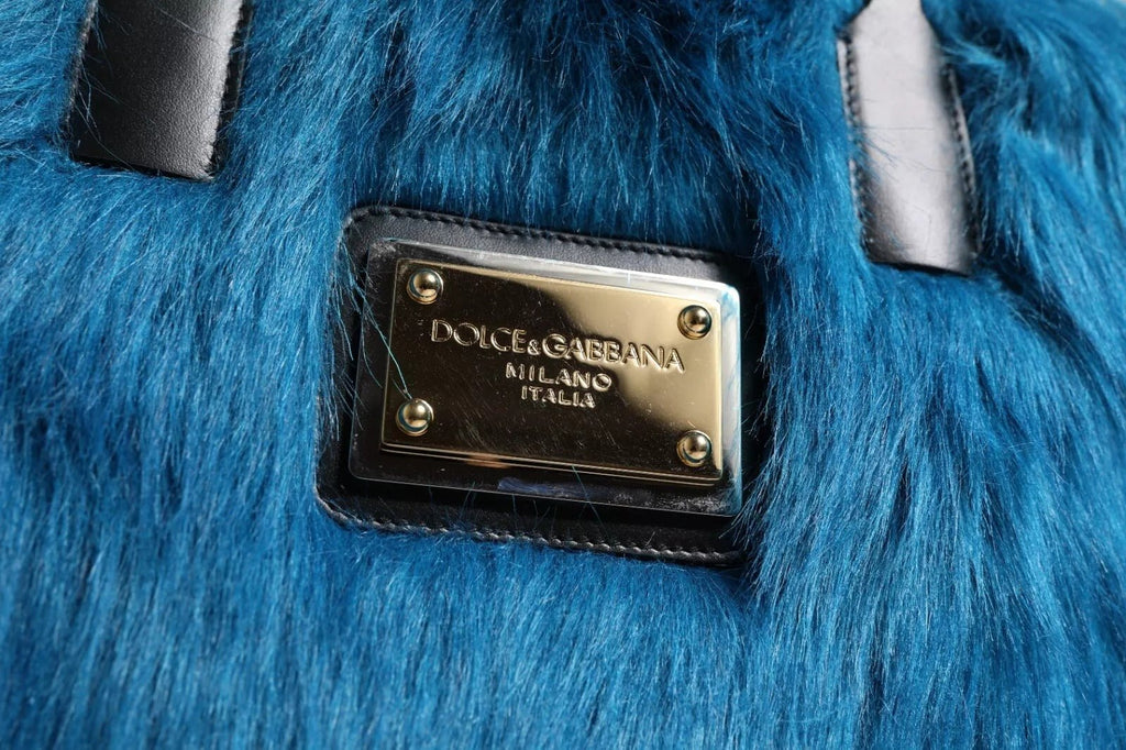 Dolce & Gabbana Blue Fur Logo Plaque Double Handle Shoulder Bag - Beyzy Store - Dolce & Gabbana