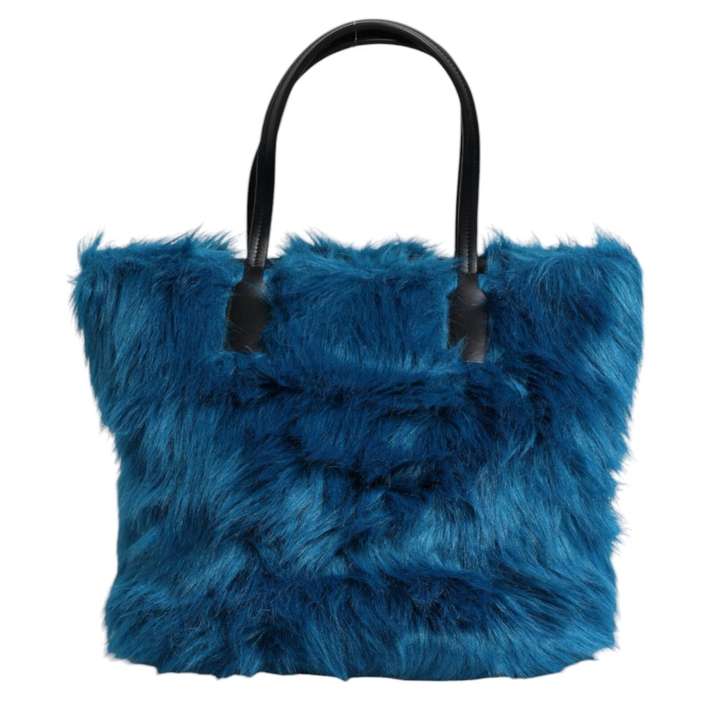 Dolce & Gabbana Blue Fur Logo Plaque Double Handle Shoulder Bag - Beyzy Store - Dolce & Gabbana