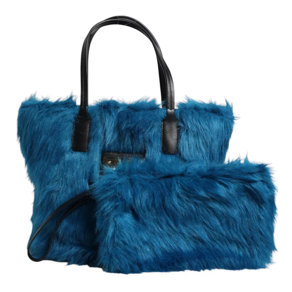 Dolce & Gabbana Blue Fur Logo Plaque Double Handle Shoulder Bag - Beyzy Store - Dolce & Gabbana